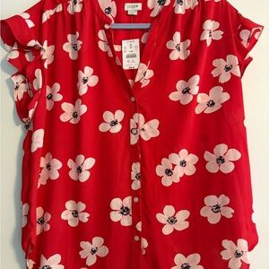 J. Crew Red Cap Sleeve Blouse with Mandarin Collar